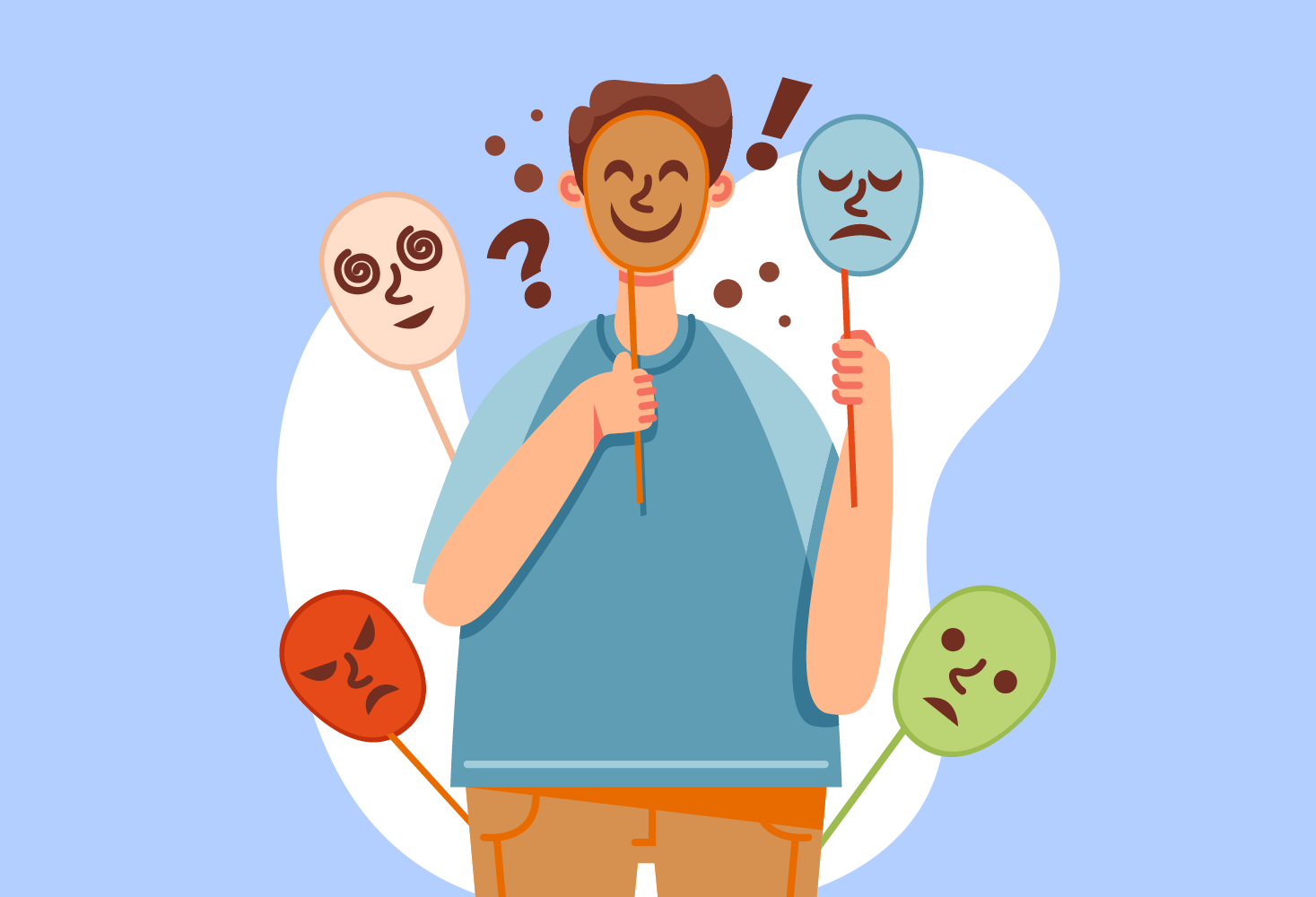 Illustrazione di una persona che indossa diverse maschere che fanno trasparire emozioni diverse, utile per spiegare il servizio di trattamento di ansia, attacchi di panico, fobie e depressione offerto dalla psicologa e psicoterapeuta Ilaria Padoin